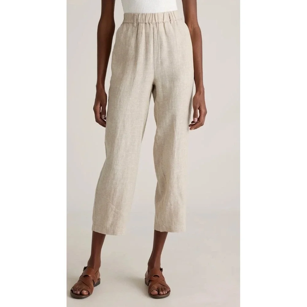 Quince 100% European Linen Pants Womens M Beige Pull-On Elastic Waist Straight